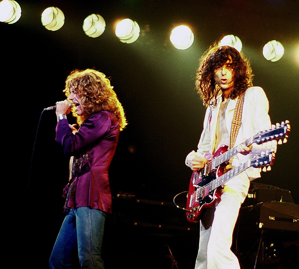 Robert Plant and Jimmy Page from Led Zeppelin on 1979 in concert.