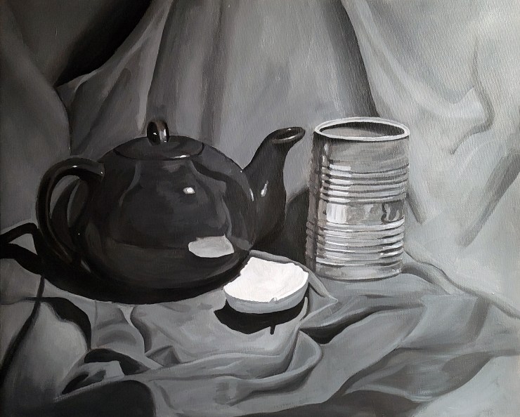 painting by artist Lexi Finnegan, black teapot, tin can on a gray clothe background