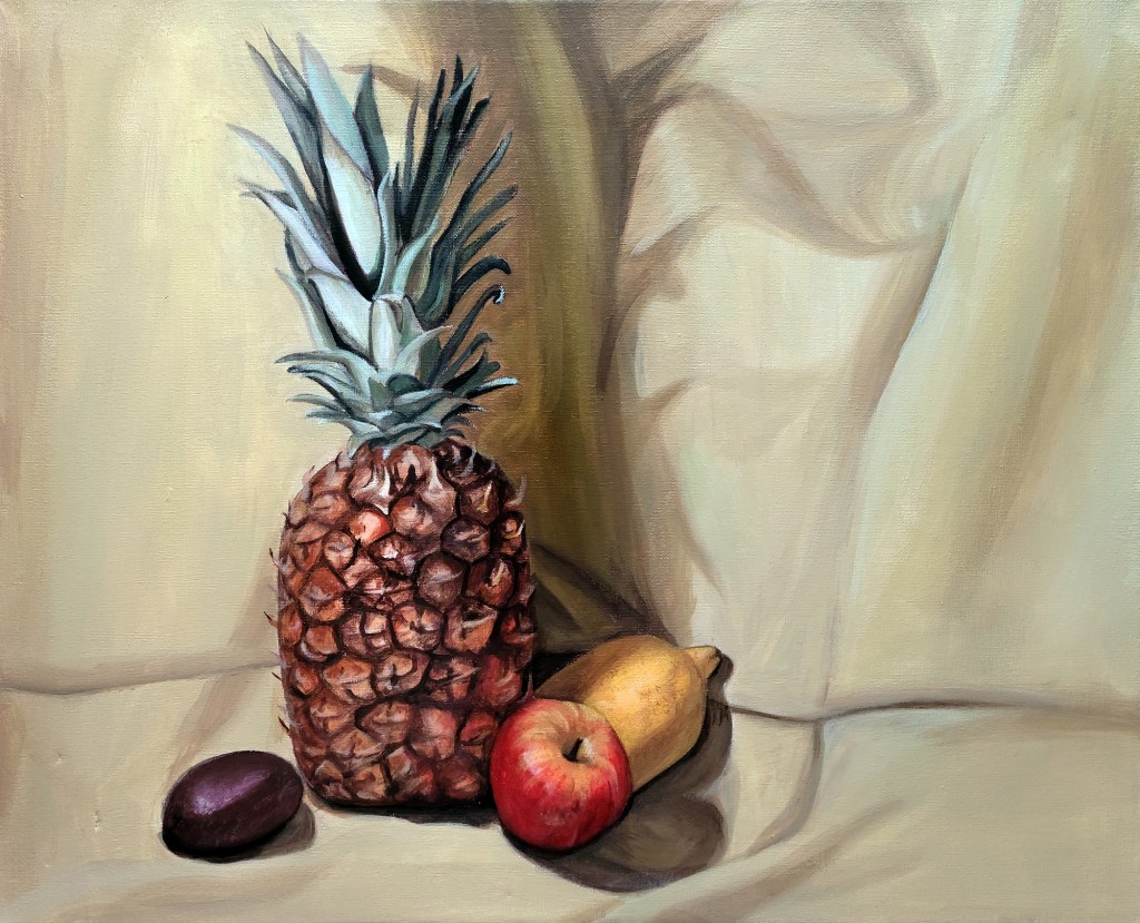 painting by artist Lexi Finnegan, pineapple with a small red apple, a lemon, and a purple pear against a beige backdrop