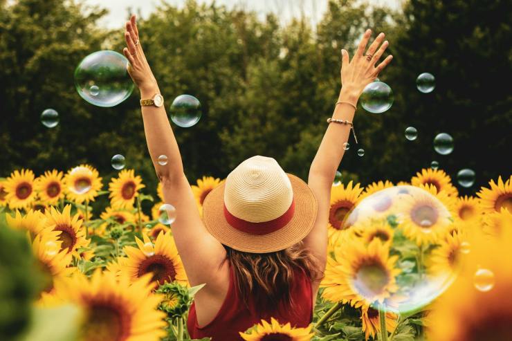 woman with raised hands in a sunflower field